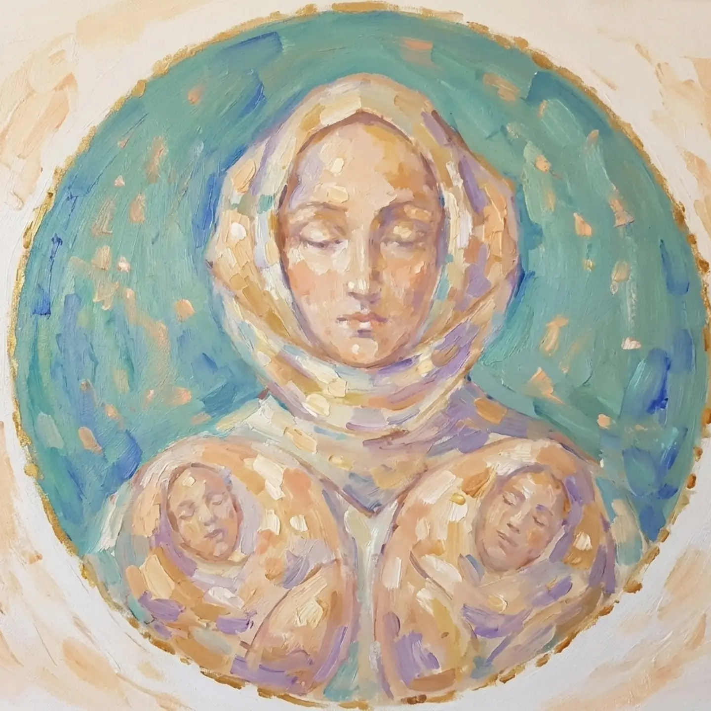 Œuvre récente de portrait par Heba Khereba, en turquoise, crème, lilas et ocre